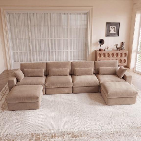 160" Khaki Convertible Modular U Shaped Sectional Sofa Couch, Chenille Fabric Oversized Bone Free Sectional Sofa with Chaise Ottoman for Apartment Living Room