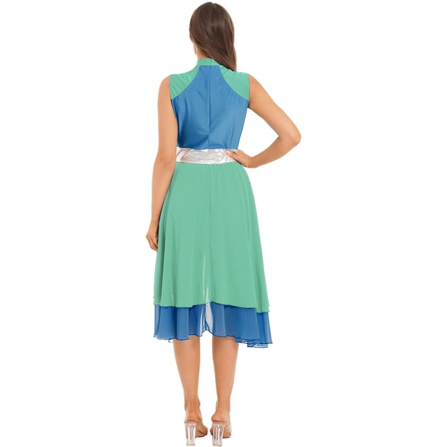 YONGHS Robe de Danse Lyrique pour Femmes Patchwork en Chiffon Color Block Costume Performance Tunique Vert&Bleu TG