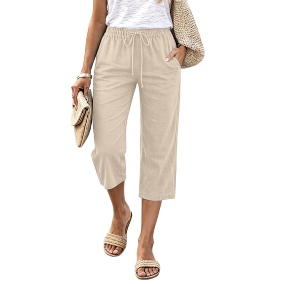 Capri Pants for Women Cotton Linen Straight Leg Pants with Pockets Cropped Elastic Waist Vacation Trousers, L