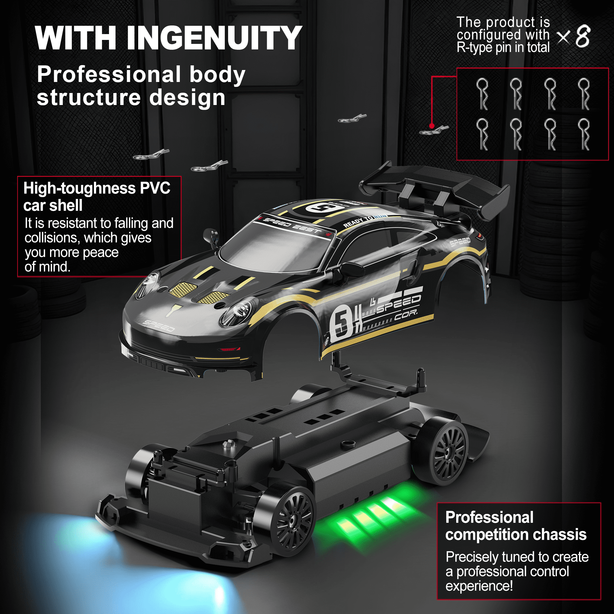 UUGEE RC Drift Car, 1:24 Remote Control Car for Kids, 20KM/H 4WD High Speed RC Cars with LED Lights, 4 Extra Drifting Tires, Vehicle for Adults Boys Girls 8-12，Black