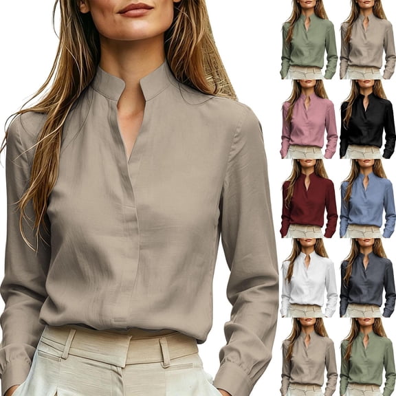 VBVC Women's Linen Stand Collar V Neck Blouse, Ladies' Long Sleeve Work Shirt, Elegant Office Top For Women, Beige , S-2XL