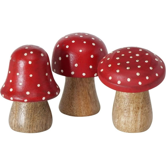 Farmers Market Mushrooms, Set of 3, Decorative Figurines, Art, Bright Red With White Dots and Natural, Mango Wood, 2.75 Inches