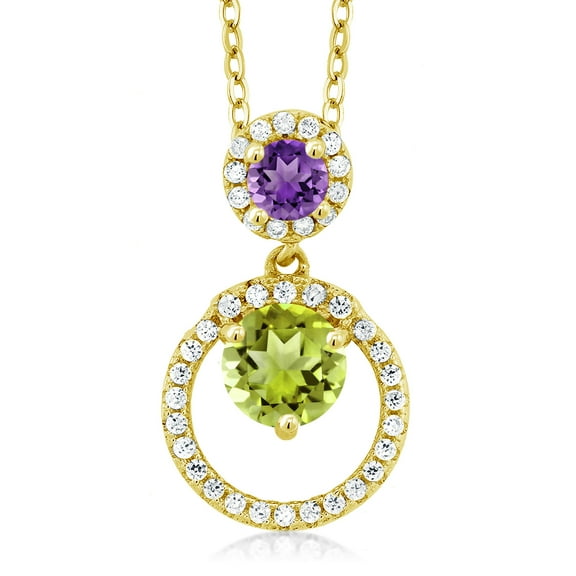 Gem Stone King 18K Yellow Gold Plated Silver Green Peridot and Purple Amethyst Pendant Necklace for Women (1.85 Cttw, Gemstone August Birthstone, Round 6MM and 4MM)