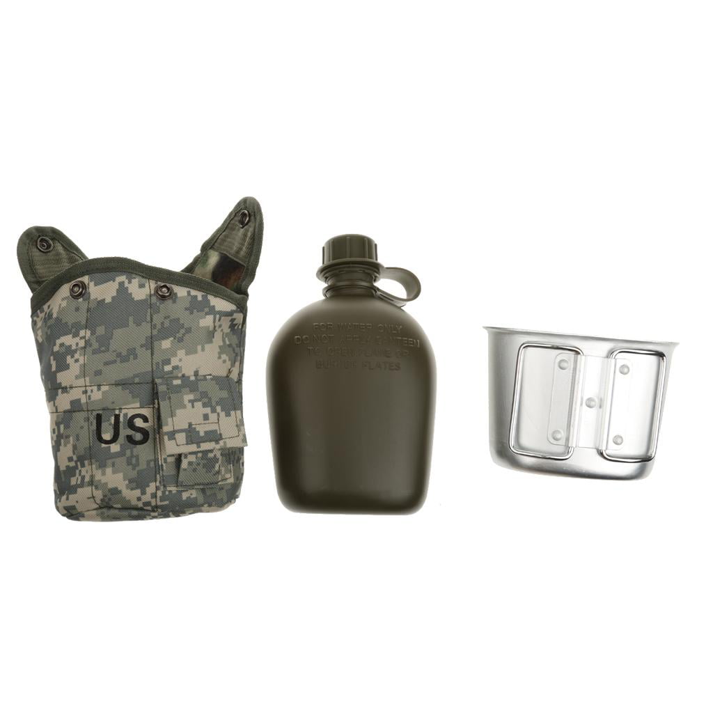 3 piece Army Military Camping Sport Water Bottle Canteen with Cup Cover 34oz 1L 