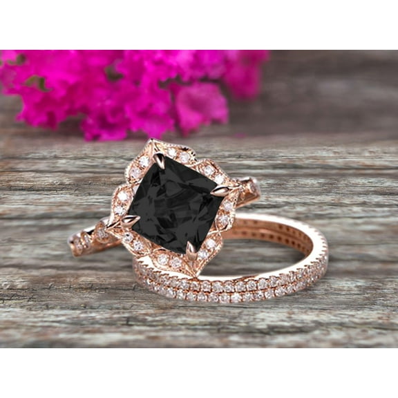 Trio Set 10k Rose Gold 3.05 Carat Cushion Cut Black Diamond Moissanite Wedding Set Engagement Ring Antique Stacking Matching Band Art Deco