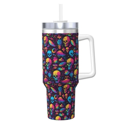 

Zeuib colorful Skull Retro Printed Insulated Stainless Steel Hot/Cold Coffee Cup 40oz Ice Bully With Handle Tumbler with Straw and Handle Insulated Water Bottle Travel Mug Cup