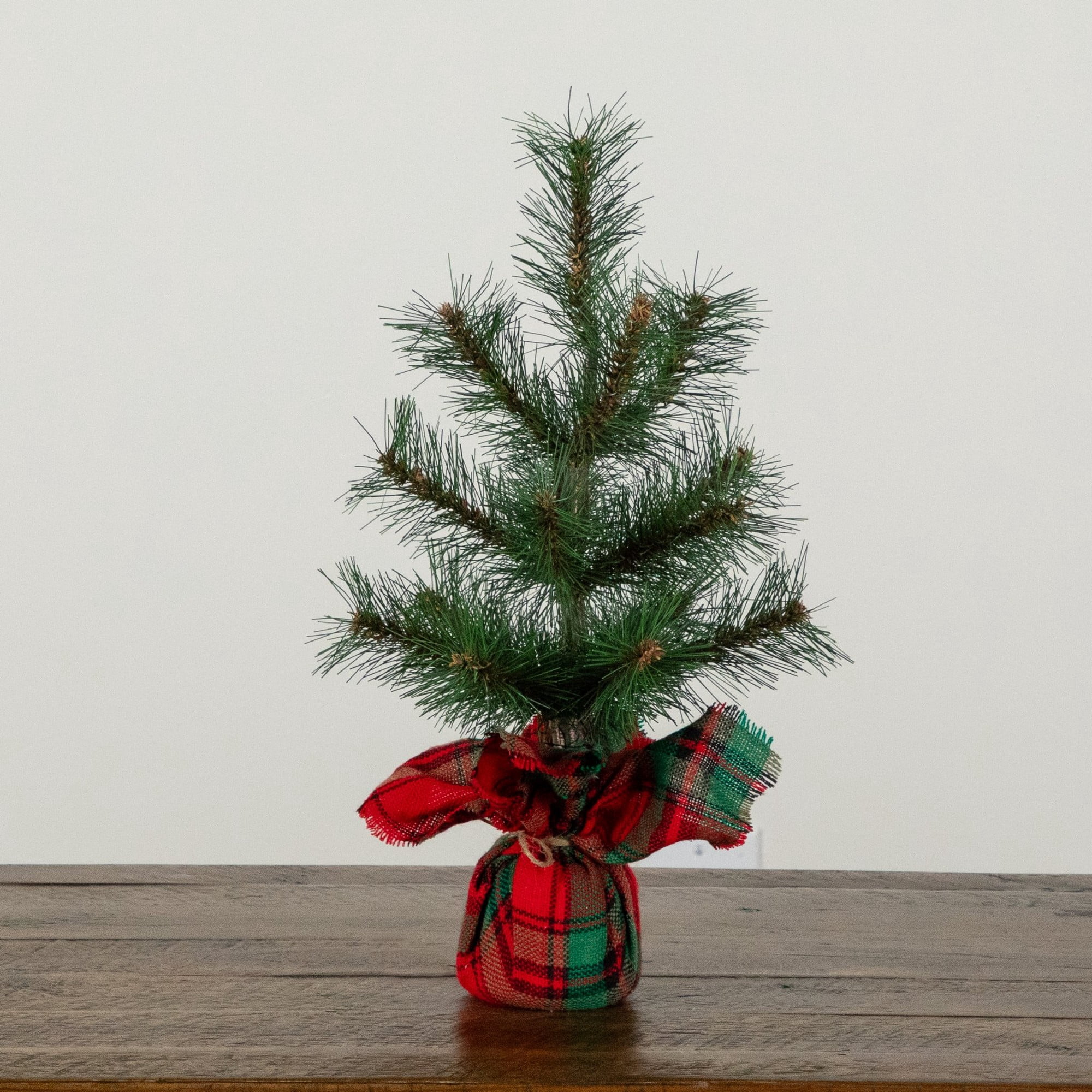 16in. Artificial Christmas Tree with Tartan Plaid Flannel Wrapped Base