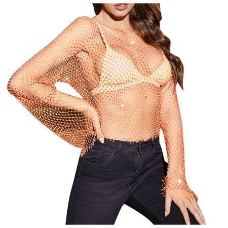 Celivon Swim Cover Up Women Unique New Mesh Mesh Body Chain Long Sleeved Fishing Net Crop Top Rhinestone Cover T Shirt Blouse Mesh