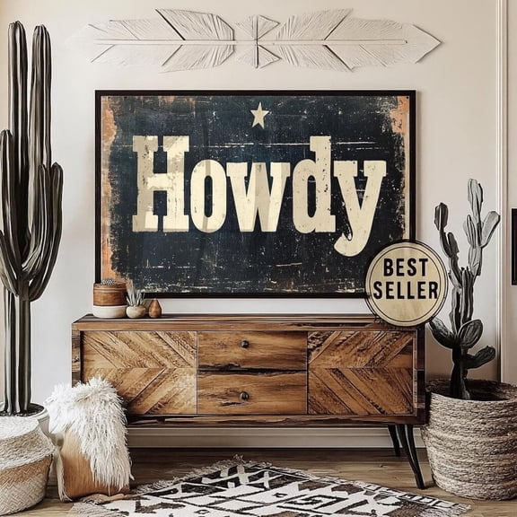 Howdy Distressed Typography Western Rustic Ranch Wall Art UNFRAMED PAPER POSTER