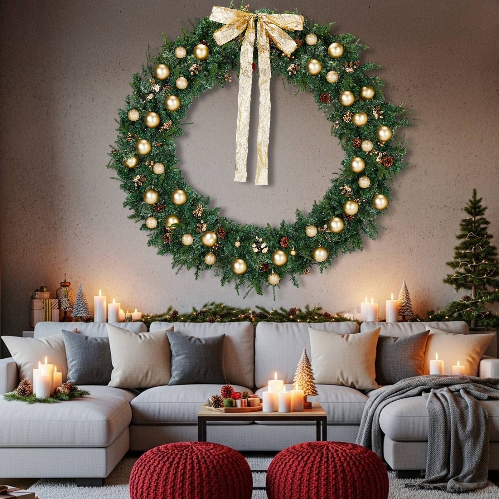 60in Lighted Artificial Christmas Wreath with Remote Control 8 Modes