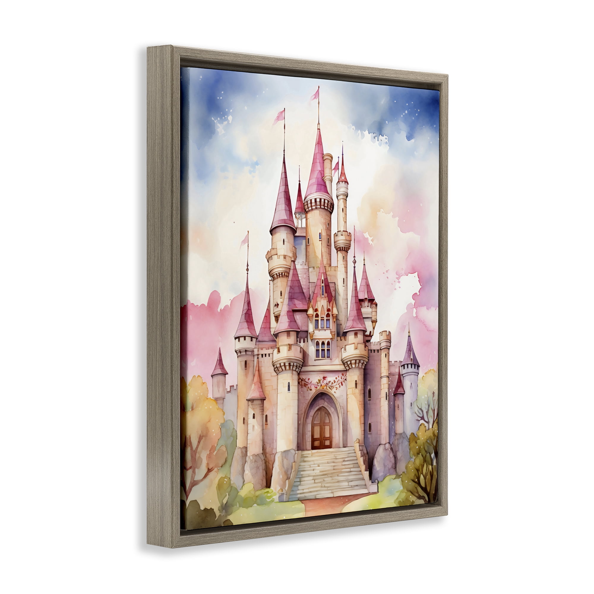 Stupell Industries Princess Castle Watercolor Portrait Brown Framed Floater Canvas Wall Art, design by Creative Studio