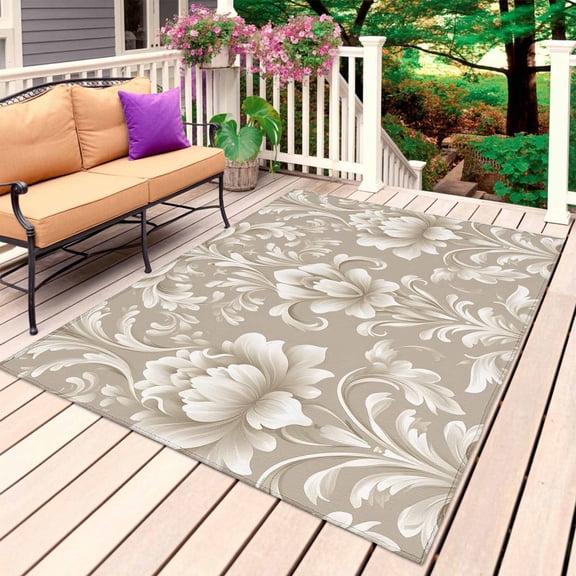 Light Brown Flowers Outdoor Rug 6x9 Ft, Non Slip Washable Area Rug, Rustic Boho Ethnic Middle Century Patio Rugs Carpet Runner, Large Floor Mat for Indoor/Outdoor Deck Porch Camping