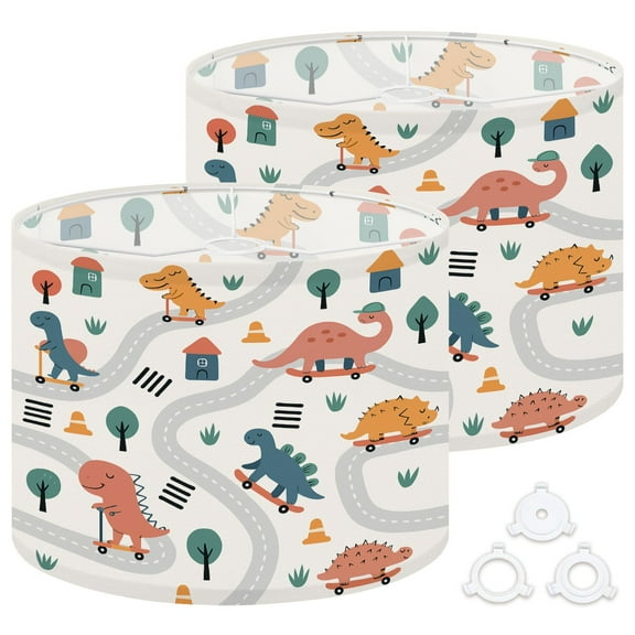 Lamp Shades Set of 2 Easy Assembly Dinosaurs cite road map Cute cartoon dino skateboard bike Drum Lampshades for Table Lamps Floor Lamps Pendant Light 13"x13"x10" Replacement Lamp Shade