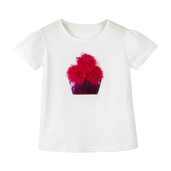 Glisme Girls T Shirt Toddler Kids Baby Solid Short Sleeve Sequin Flower Pot For Children White Summer Tee Stylish Top Size 6-7 Years Pink