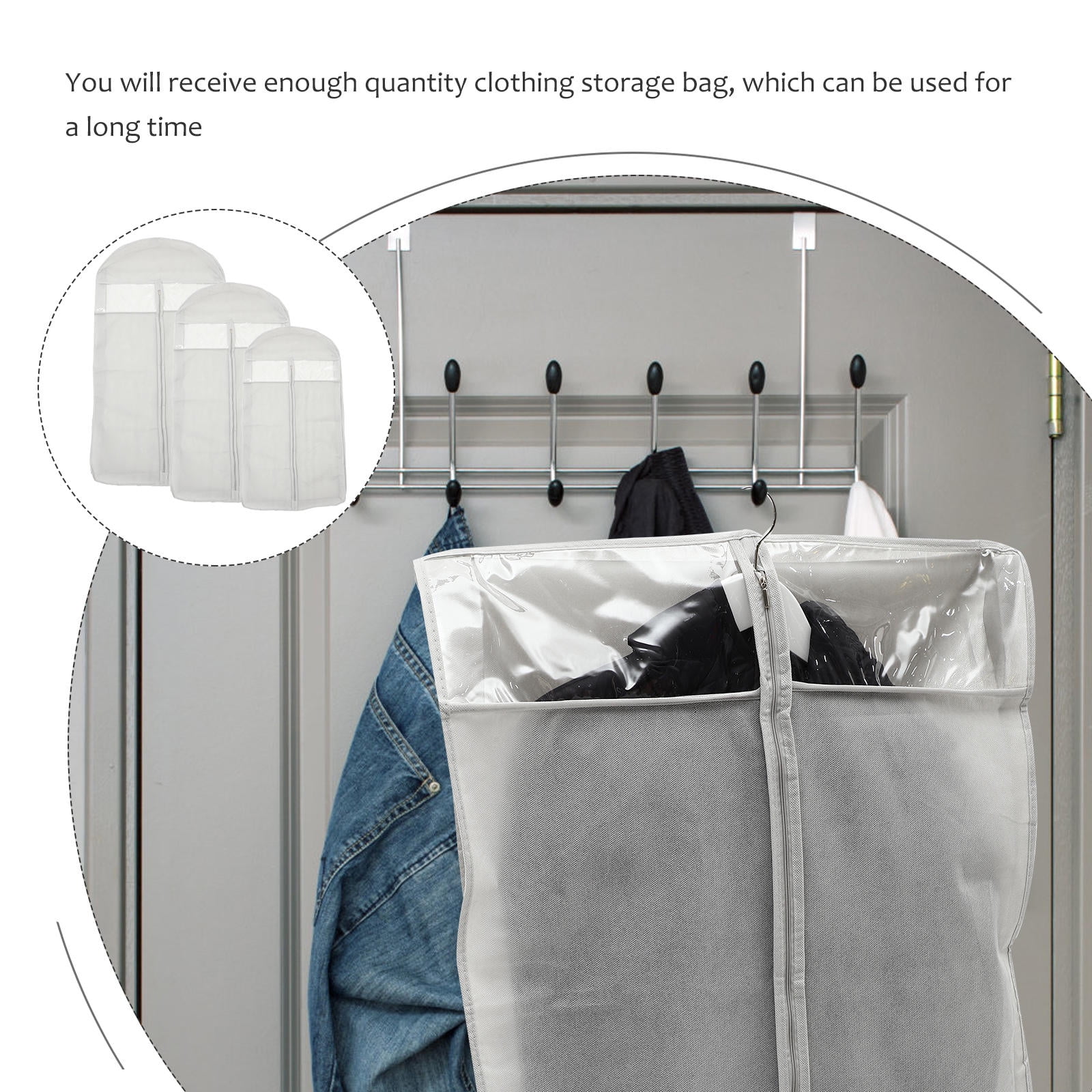 WHAMVOX 3-Pack Grey Hanging Garment Bags, Clothes Storage Covers for Closet Organization and