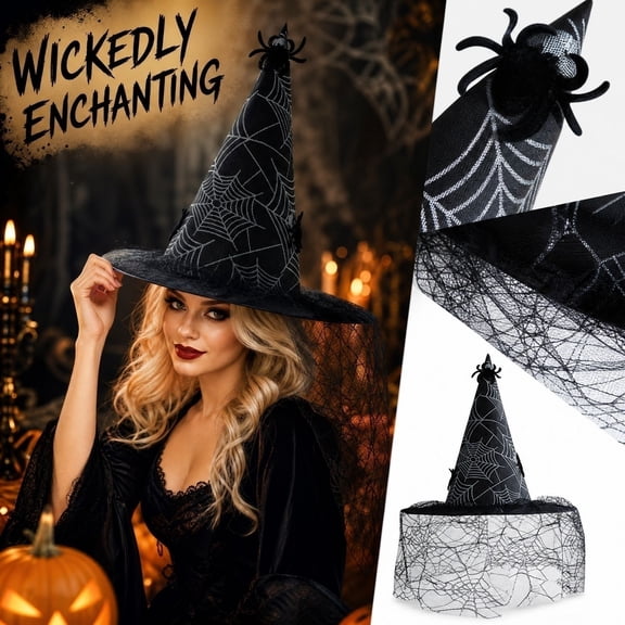 Womens Halloween Witch Hat Spiderweb Graphic Pointed Cone Cap Lace Veil Wide Brim Gothic Wizard Headwear Cosplay Dress Up Theme Party Accessories