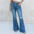 thumbnail image 6 of Womens High Waisted Flare Bell Bottom Jeans Stretchy Ripped Blue Denim Trousers with Wide Leg Bootcut Fit, 6 of 9