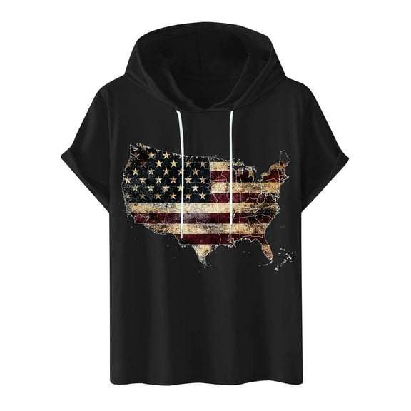 4Th July Short Sleeve Hoodies for Men Vintage USA Flag Pullover Drawstring Patriotic Print Lightweight Summer Hooded Shirt 2025
