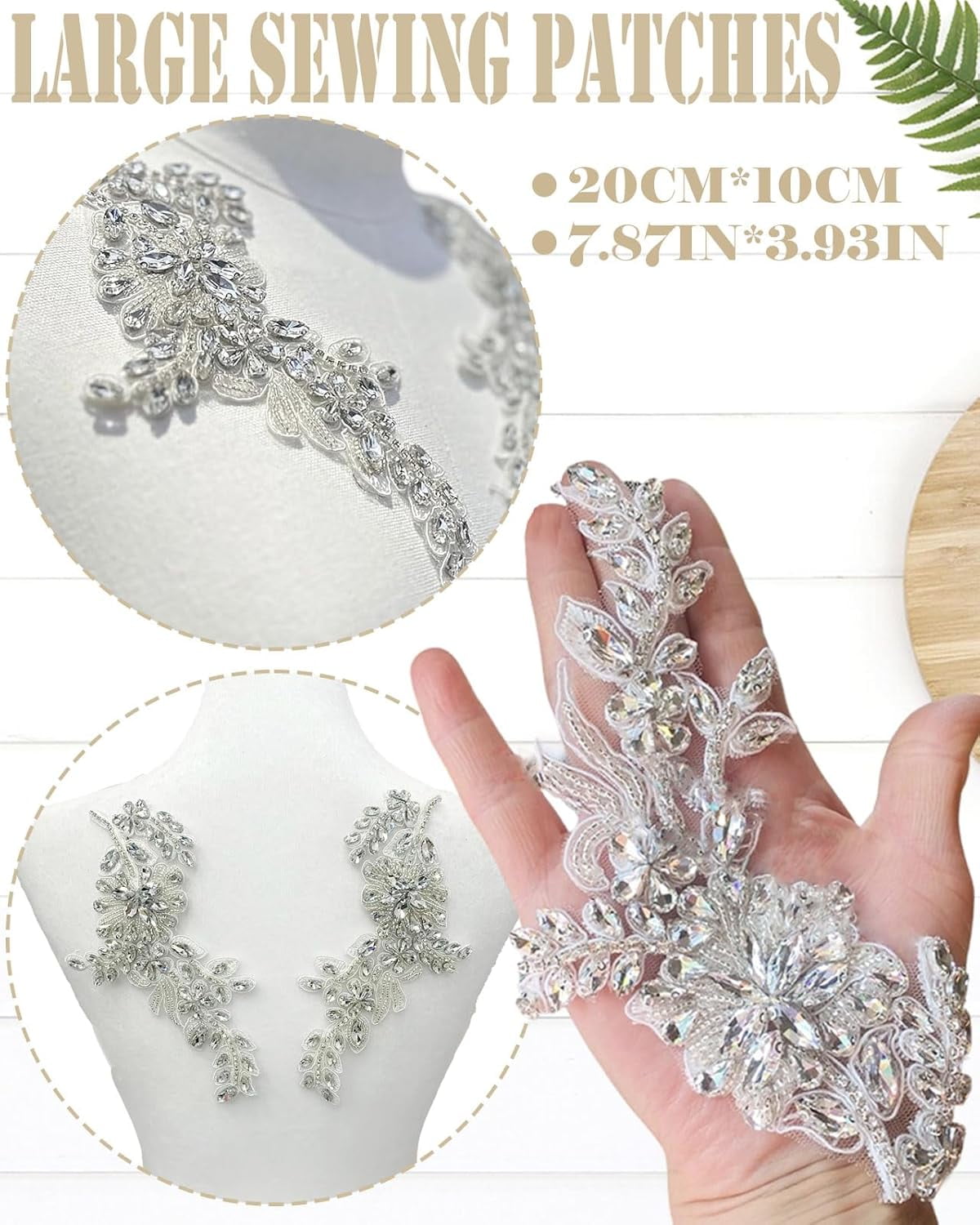 ABPETE 1 Pair Handmade Flower Rhinestone Applique for Clothes, Crystal Fabric Patches for Wedding Dress, Bling Beaded Embroidery Lace Applique for Hat Hairband Sewing Embellishment (Gold)