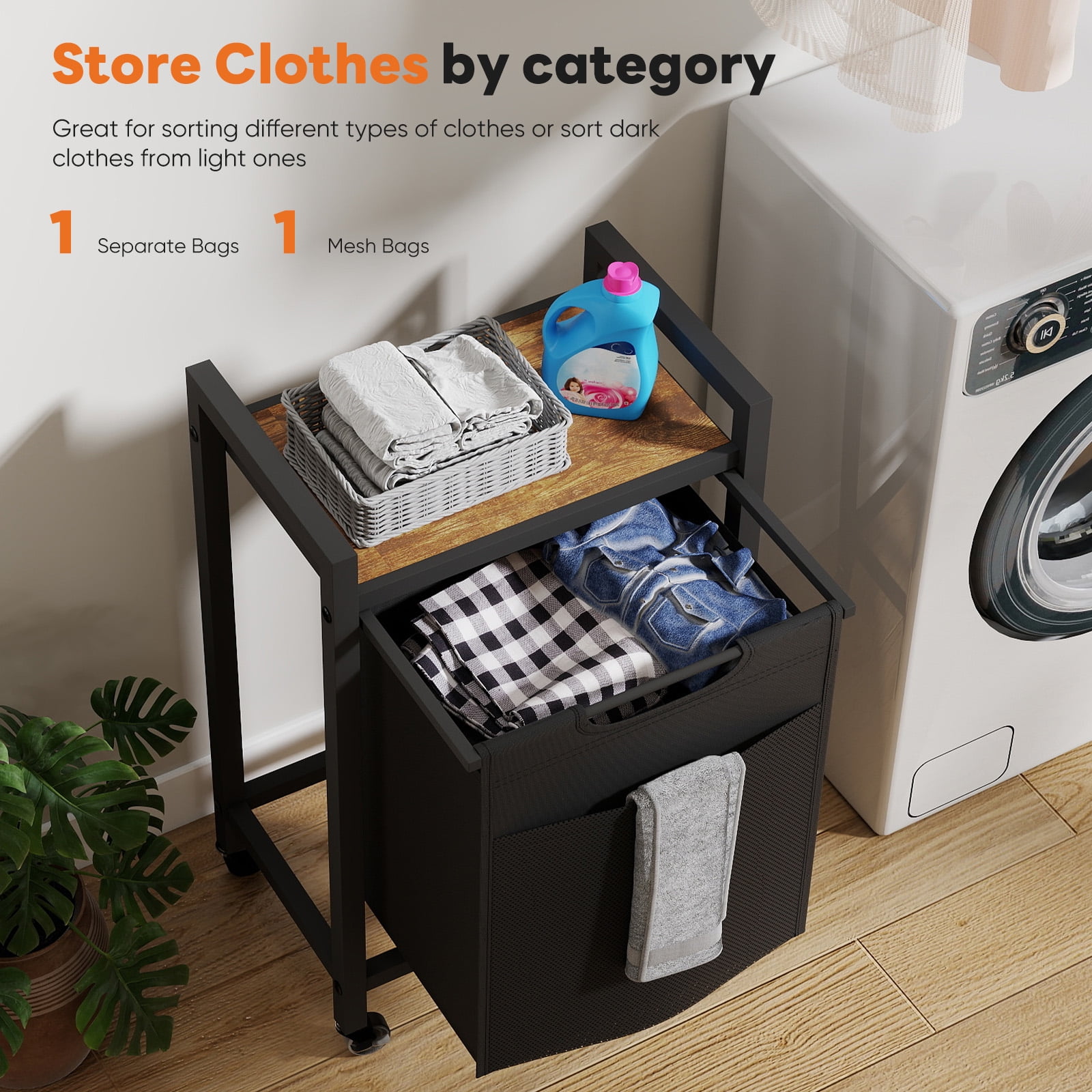 JIOABL Laundry Basket, Laundry Sorter with Shelf & 1 Pull-Out Removable Bags, Castors and Adjustable Feet, 12.4 Gallons (47 Liters) for Laundry Rooms, Bathrooms & Dorms
