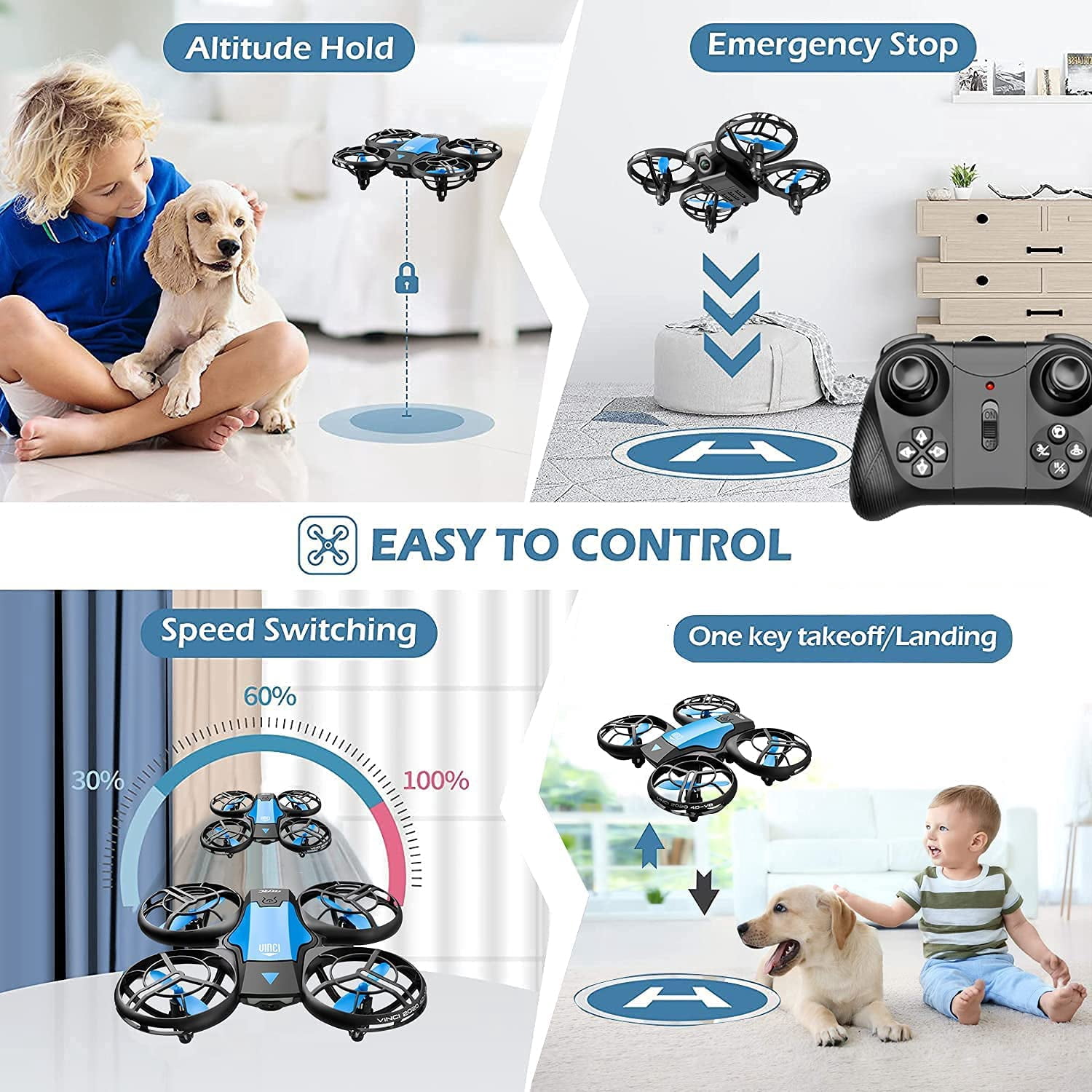 4DRC v8 Drone with 720P HD Camera for Adults and Children FPV Real-time Video, 3 Modular Batteries and Storage Bag, Blue