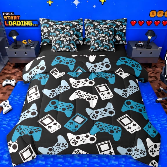 Erosebridal Boys Gamer 7-Piece Twin Bedding Sets,Gamepad Young Man Video Games Bedding Comforter Set For Classic Retro Gaming Lovers,Reversible Black