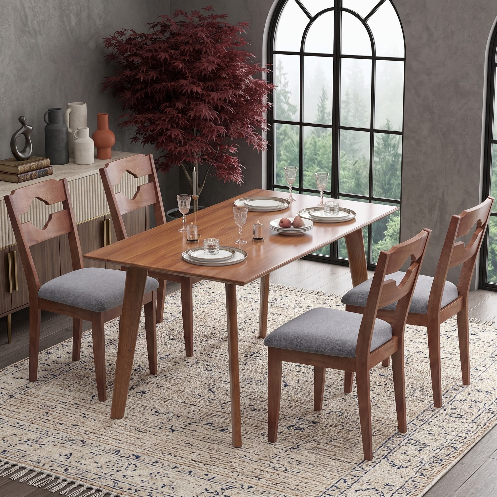 Furnibear Dining Chair Set of 2, Fabric Upholstered Kitchen Chairs with Padded Seat, High Curved Backrest and Solid Rubber Wood Legs for Dining Room, Brown and Gray