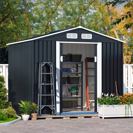 HOGYME 8' x 6' Outdoor Metal Storage Shed, Tools Storage Shed, Galvanized Steel Garden Shed with Double Sliding Door for Backyard Patio Lawn, Dark Gray