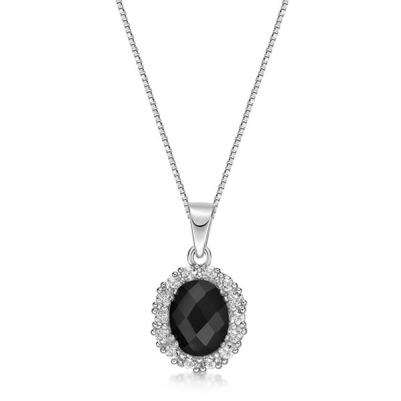 925 Sterling Silver Oval Checkerboard Black Onyx Pendant With White Sapphire