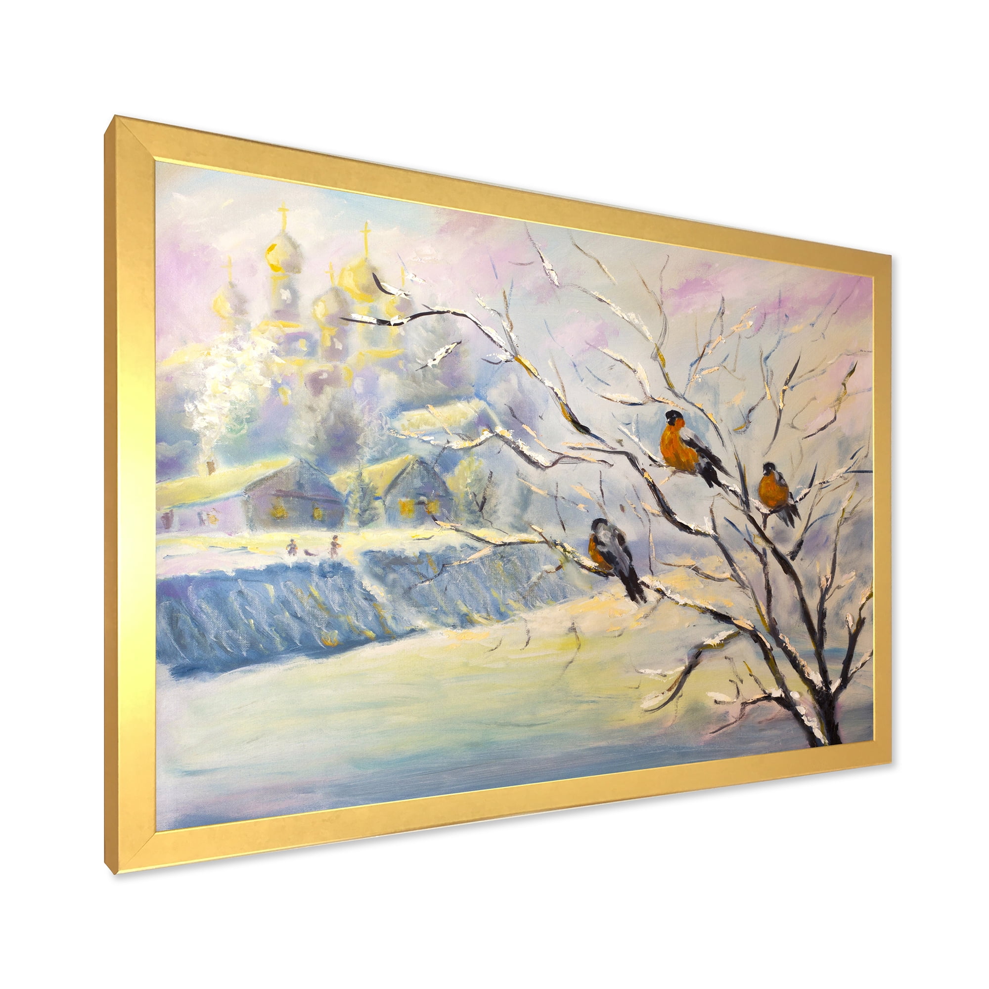 Designart 'Rustic Birds Sitting On A Tree In Winter Village' Farmhouse Framed Art Print