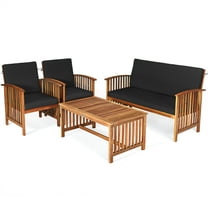 Topbuy 4PCS Patio Acacia Wood Sofa Set Conversation Couch Coffee Table with Cushions Black