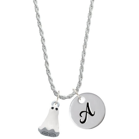 Delight Jewelry Silvertone 3-D White Ghost with Black Crystals Silvertone Script Initial Disc - A - Charm Necklace, 20"+3"