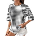 thumbnail image 3 of Fengqque Short Sleeve for Women Summer Tops Crew Neck Striped Print Loose Basic Tshirts Shirts Black XXL(XXL), 3 of 7