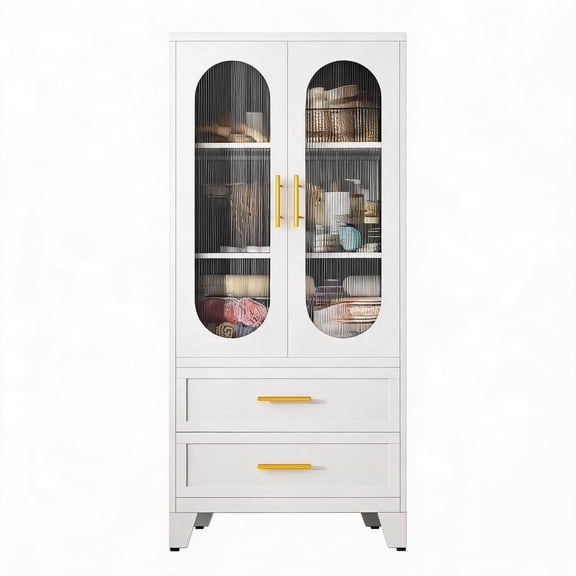 Panapinka Cold-Rolled Steel Storage Cabinet, Freestanding Metal Cabinet with Double Glass Doors, 2 Inner Adjustable Shelves & 2 Lower Drawers, Multipurpose Cabinet for Kitchen, Office, Bedroom