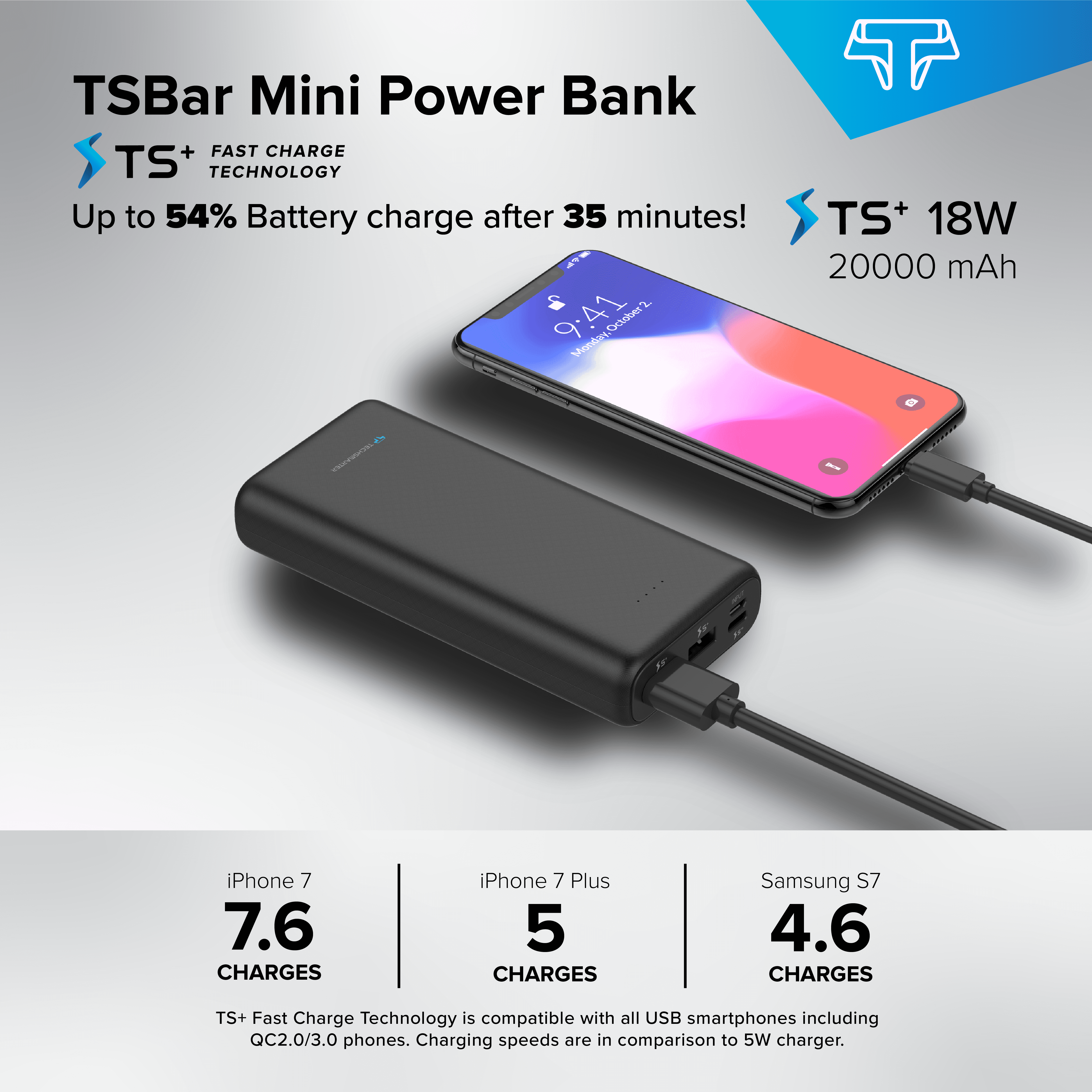 Techsmarter 20,000mAh 18W USB C PD Portable Charger Power Bank for Apple iPhone, iPad, Samsung Galaxy, Note, Pixel, Android, LG, HTC, and More