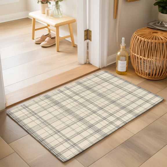 Beige Grid Gingham Washable Small Entryway Area Rugs 2'x3', Abstract Modern Minimalist Gray Stripe Checked Washable Throw Rug Non-Slip Sturdy Edge Binding Carpet for Front Door Floor Room Entry