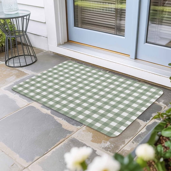 Sage Green Buffalo Plaid Door Mat Indoor Outdoor,Farmhouse Green White Checkered Non Slip Welcome Mat with Rubber Backing,Absorbent Fabric Front Door Mats Entryway Rug for Home Patio Entrance 18"x30"