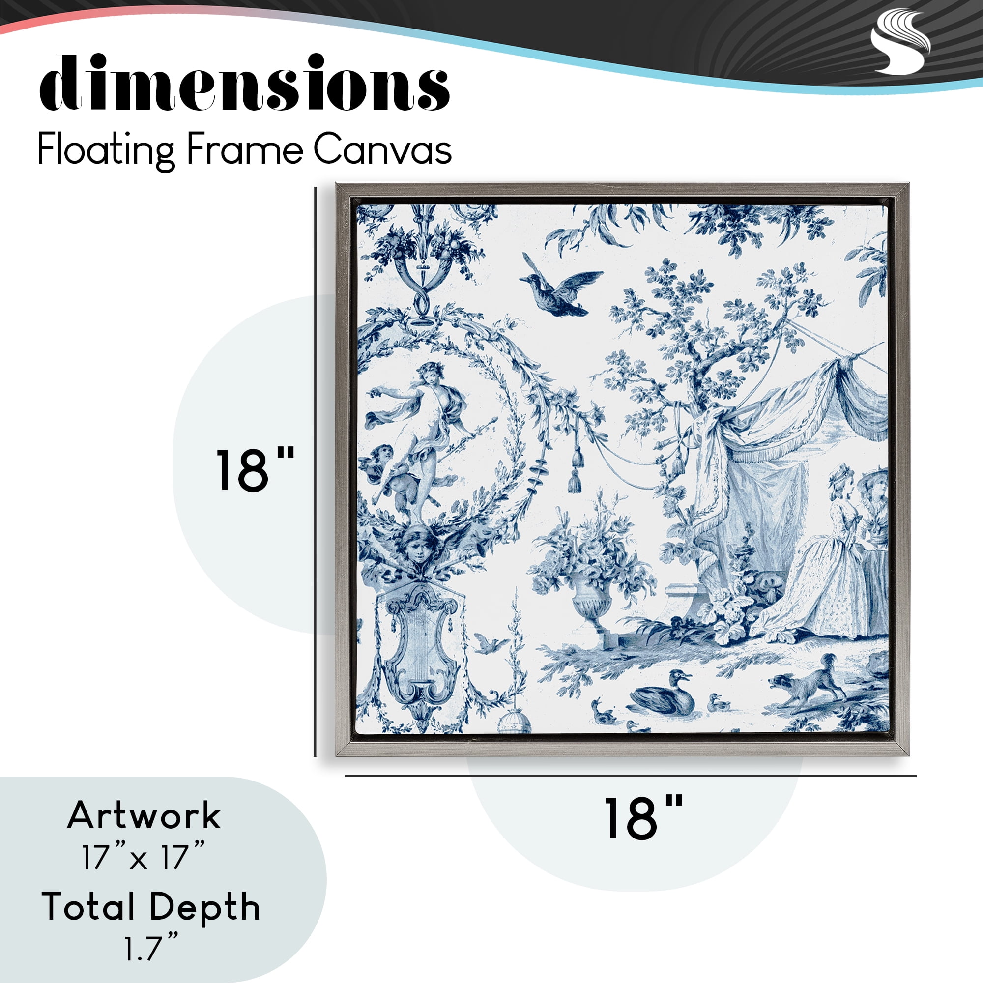 Classic Toile Scene Gray Framed Floater Canvas Wall Art, design by Vintage Hustle