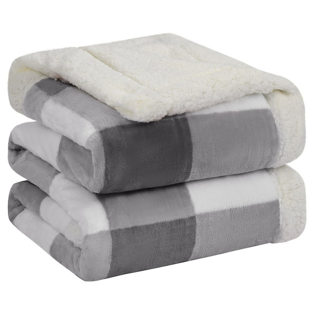 Soft Fuzzy Plush Sherpa Fleece Throw Blanket Grey White Plaid Throw（50