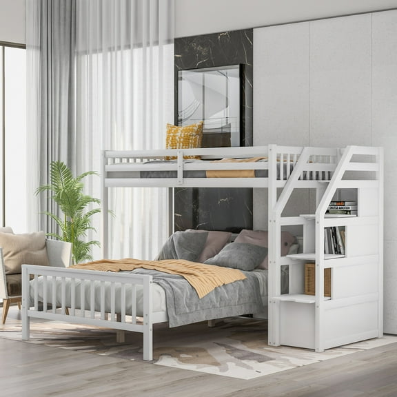 [US IN STOCK] Twin over Full Loft Bed with Staircase,White