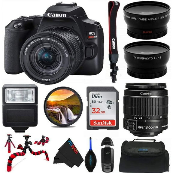 Canon EOS 250D / Rebel SL3 Digital SLR Camera Body w/Canon EF-S 18-55mm f/4-5.6 Lens 3 Lens DSLR Kit Bundled with Pixibytes Complete Accessory Bundle - International Model