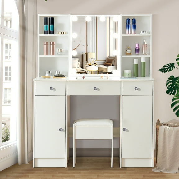 Ciumeeo Vanity Desk with Mirror & Lights, Modern Vanity Set with Drawers, Bedroom Vanity with Crystal Knobs for Girls White