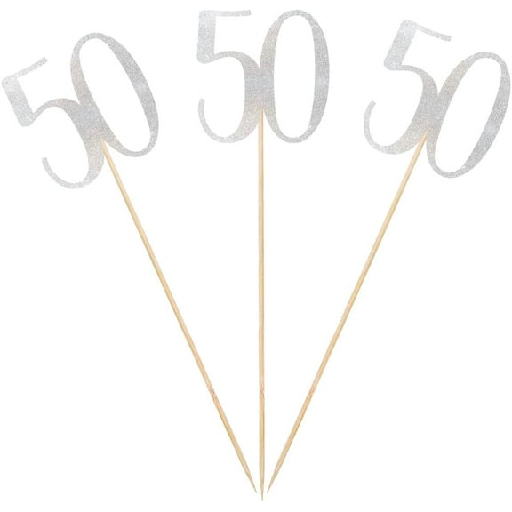 Silver Glitter 50th Birthday Centerpiece Sticks, 12-Pack Number 50 Table Topper Anniversary Party Decorations