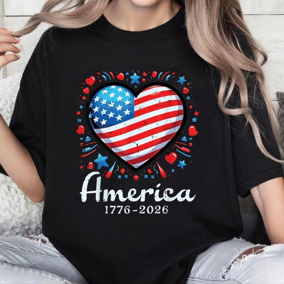 100% Cotton Unisex America US Flag Heart 1776 2026 250th Anniversary Women Kids T-Shirt