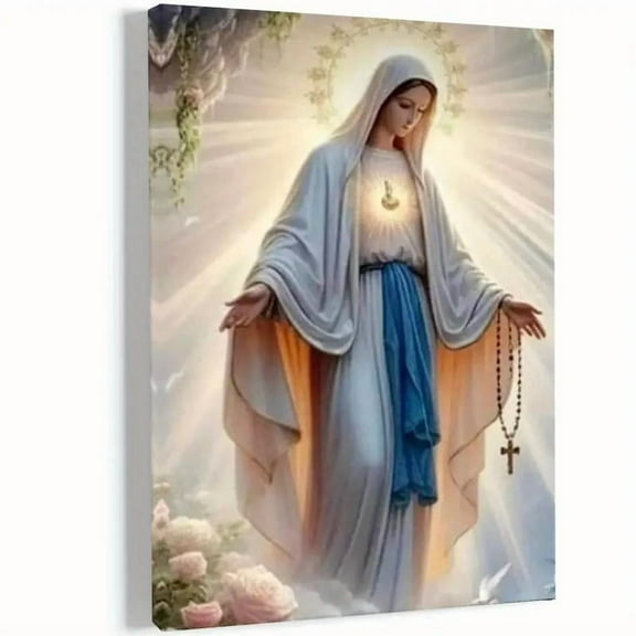 1pc Elegant Virgin Mary Christmas Canvas Art - Framed, Ready to Hang Wall Decor with Serene Illumination & Floral Surround for Home, Bedroom, Office - Ideal Holiday Gift, Christmas Home Decor