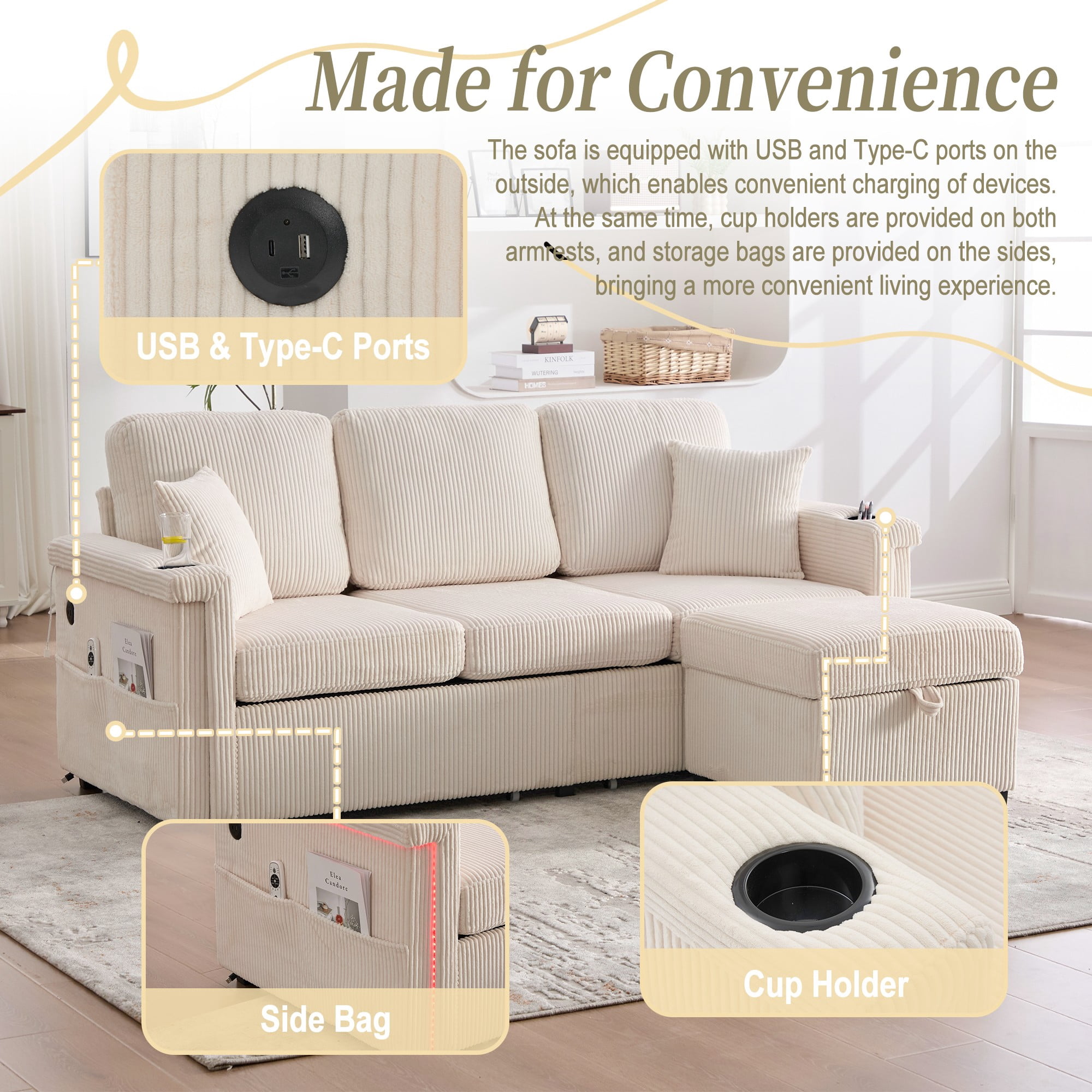 L-Shaped Sectional Sofa,Corduroy Convertible 3-Seat Sofa Couch with Pull-Out Storage,Ottoman for Living Room,Apartment,Beige