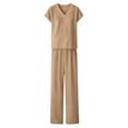 thumbnail image 5 of TEAJOPSUU Two Piece Sets for Women Summer Outfits Casual Travel Vacation Clothing Matching Lounge Sets Wide Leg Pants with Pockets Beige, 5 of 6