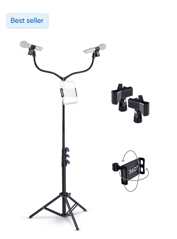 Double Microphone Stand  Adjustable from 2.4ft to 6ft Inches High  with Two Bendable Arms and Smart Device Holder  Stand Up Tripod Base, 2023 Model (Black)