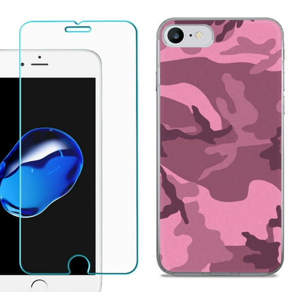 For Apple iPhone 7 / iPhone 8 Case, Slim-Fit TPU Phone Case, with Tempered Glass Screen Protector, by OneToughShield ® - Camo Pink