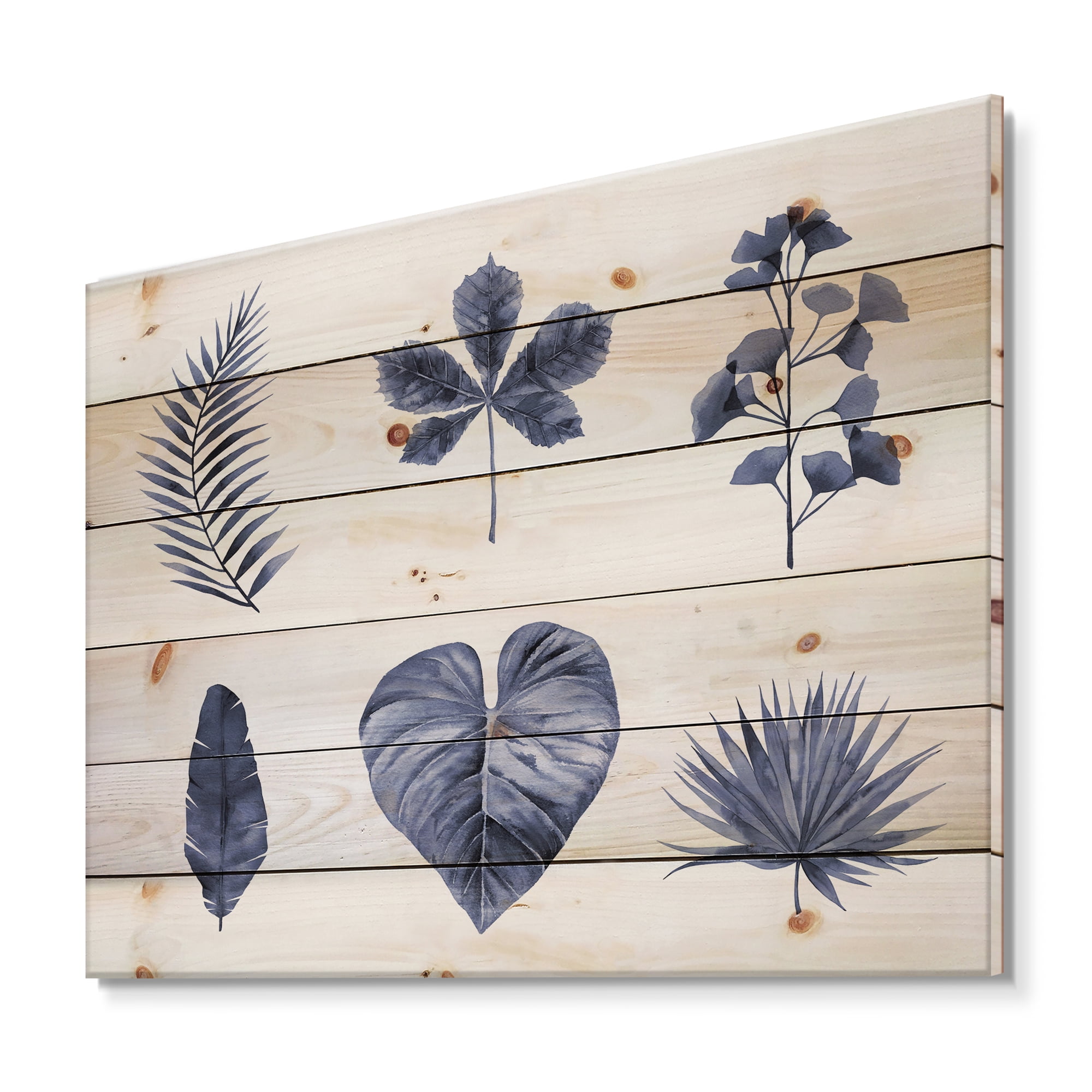 Designart 'Abstract Set Of Plant Leaves Blue' Traditional Print on Natural Pine Wood